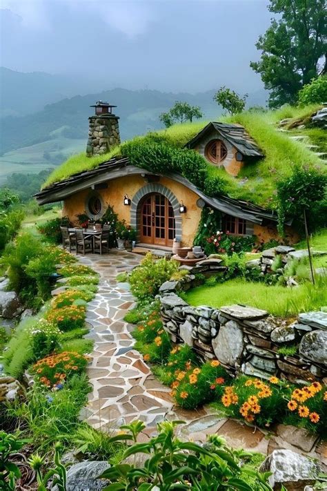 A Small House With A Green Roof And Grass On The Roof Is Surrounded By