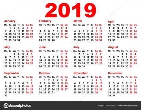 2019 Year Calendar Template Grid Pocket Horizontal Orientation Isolated