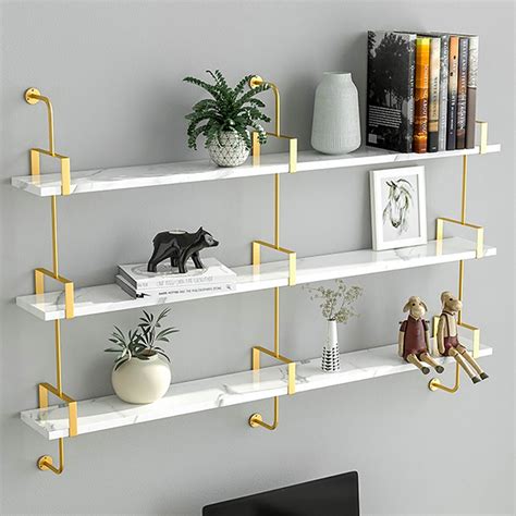 3 Tier Modern Wall Mounted Shelves Long Floating Shelving In White And Gold Wall Décor Homary Uk