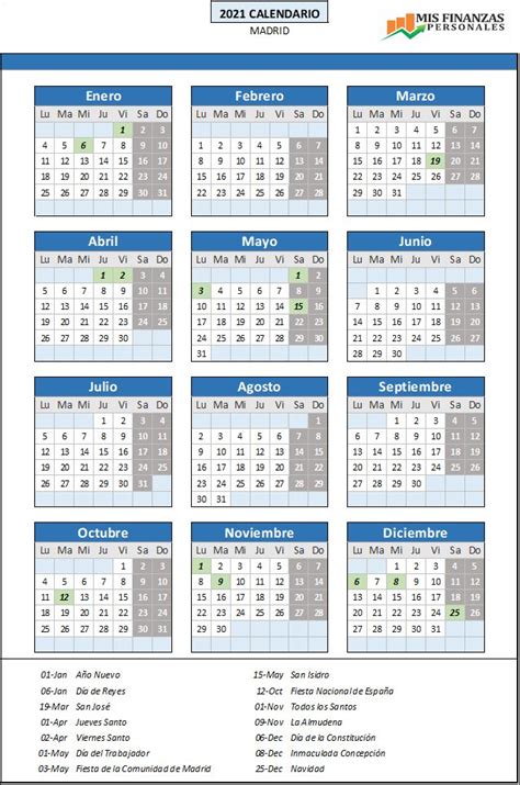 Días festivos del año 2021, publicados por el boe y por el boletín oficial de la comunidad autónoma. Calendario laboral Madrid 2021 Descárgalo gratis