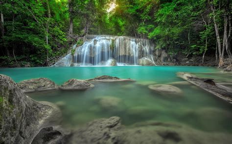 Erawan Waterfall In Thailand Jungle Rain Forest Rocks In
