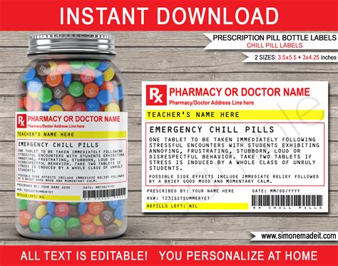 Ccdbbdcaceaeaecfb printable labels coffee mugs stunning prescription. Prescription Teacher Chill Pills Label Template | Printable Funny Gag Gift | Chill pills label ...