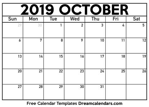 October 2019 Calendar Printable Free Printable Word Searches