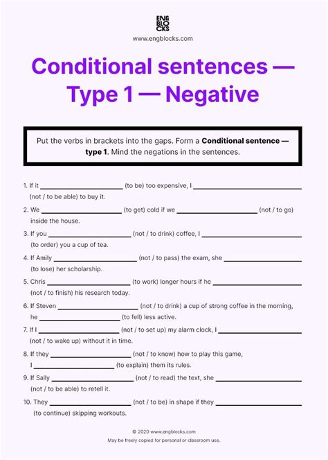 Conditional Sentences — Type 1 — Negative — Worksheet English Grammar