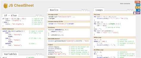 The cheat sheet can serve as a quick refresher on javascript elements any time you need one. 30 HTML, CSS, and JavaScript Cheat Sheet Examples