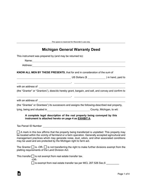 Free Michigan General Warranty Deed Form Pdf Word Eforms