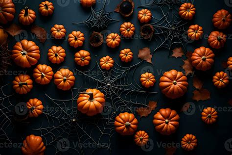 Halloween Pumpkins And Spider Webs On A Dark Background Ai Generated