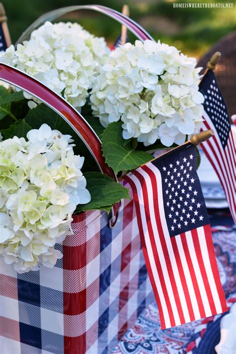 Patriotic Table Centerpiece With Plaid Picnic Tin Hydrangeas And Flags