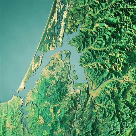 Coos Bay 3d Render Topographic Map Color Digital Art By Frank Ramspott