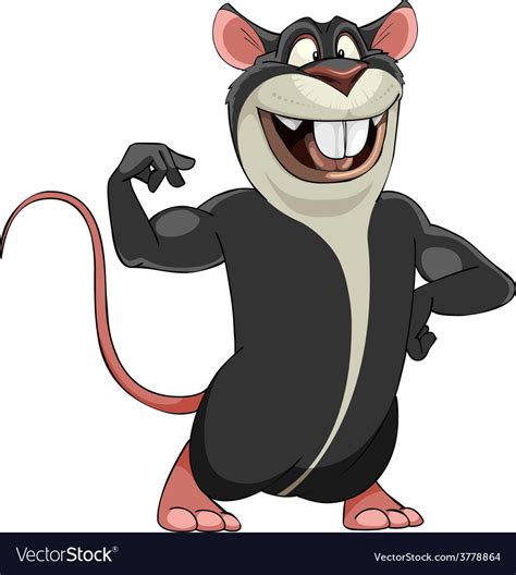 Cartoon Smiling Big Gray Rat In A Bodybuilder Pose
