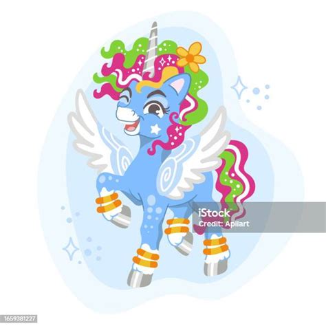 Cute Cartoon Character Happy Blue Unicorn Vector Illustration Stock