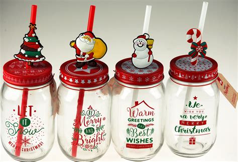 Set Of 4 Christmas Mason Jars Drinking Cups With Lid And Straw Ebay