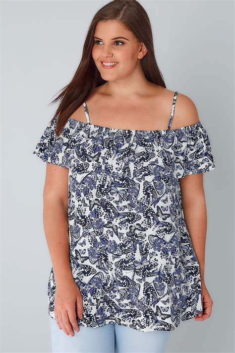 White And Blue Butterfly Print Frilled Cold Shoulder Jersey Cami Top