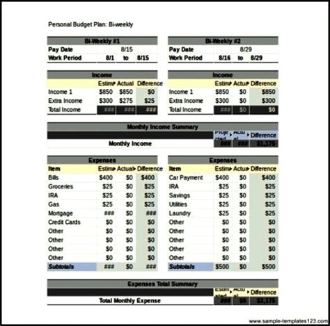 bi weekly personal budget template excel sample templates
