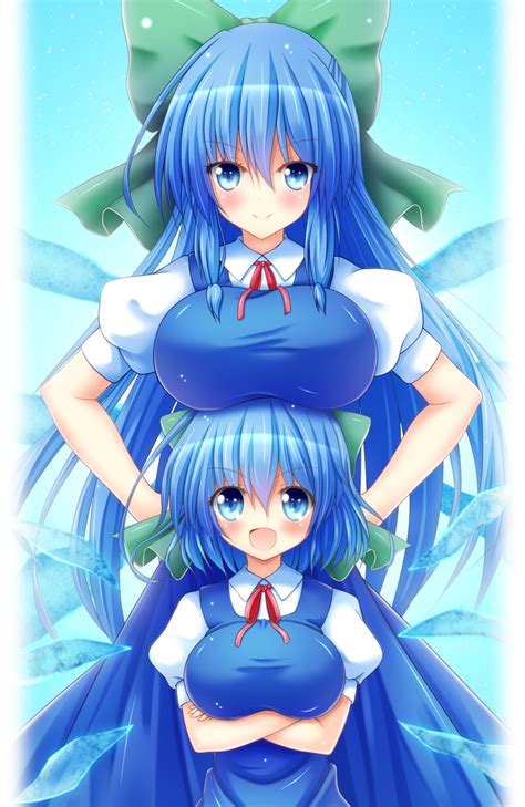 osashin osada cirno touhou commentary request highres 2girls aged up alternate breast