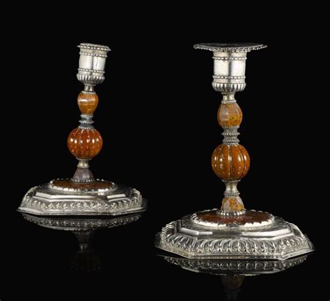 A Pair Of German Silver Mounted Brown Hardstone Candlesticks Jakob