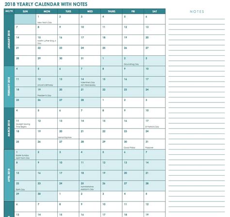 2018 Year At A Glance Calendar Template Word Template Calendar Design