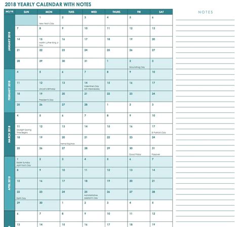 2018 year at a glance calendar template word