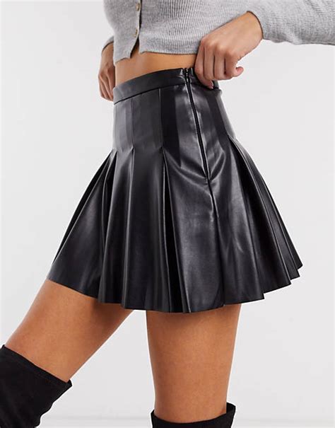 Pullandbear Faux Leather Pleated Skirt In Black Asos