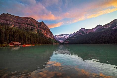 Sunset In Lake Louise Banff National Park Boat House Red Sky Photograph
