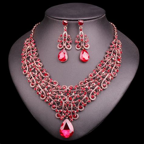 Fashion Crystal Necklace Earring Sets Vintage Bridal Jewelry Sets Red