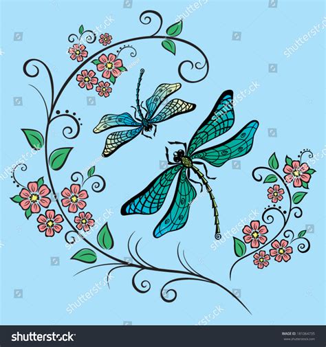 Vector Illustration With Flowers And Dragonflies 181064735 Shutterstock