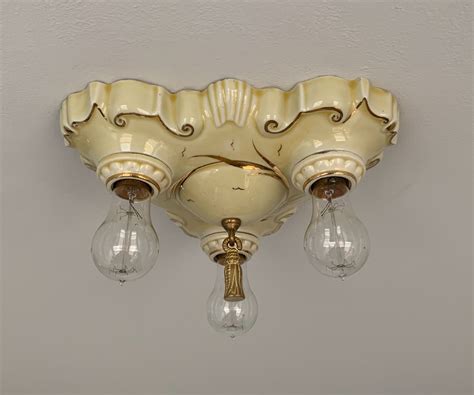 Antique German Porcelain Flush Mount Ceiling Fixture Custard Cream