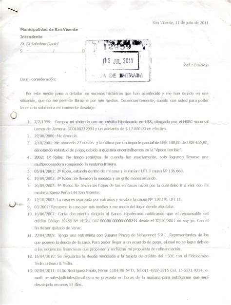 Crónica De Un Desalojo 15072011 Carta Al Intendente De San Vicente
