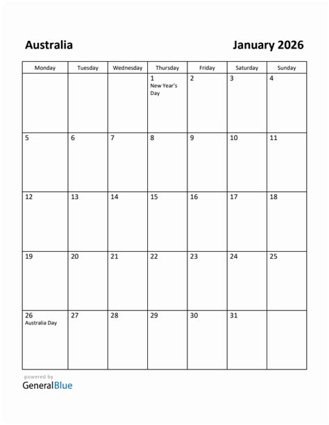 Free Printable January 2026 Calendar For Australia