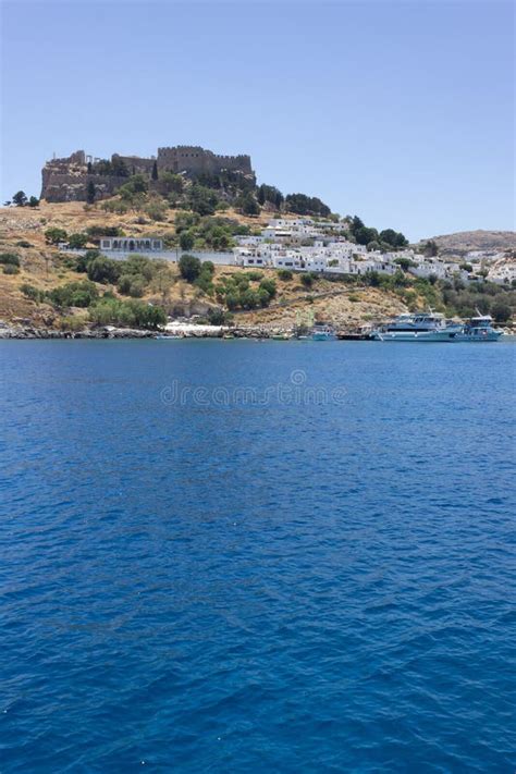 Lindos Dorf Auf Rhodos Griechenland Panorama Wurde Vom Meer Stockbild