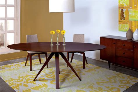 Mid Century Modern Oval Dining Table With Dark Walnut Finish And Tripod