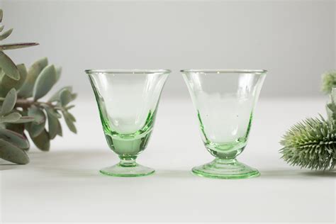 2 Green Apéritif Glasses 2oz Pair Of Antique Small Depression Glass Collectible Serving