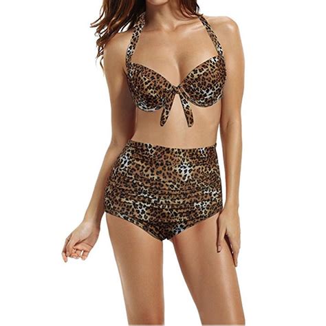 Damen High Waist Bikini Set Leoparden Badeanzug Swimwear Swimsuit Tankini Retro Ebay