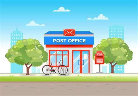 Post Office Building In Flat Style In The City On A Summer Day With A