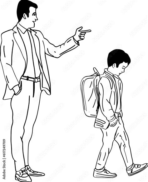 Outline Art Father Scolding Unhappy Son And Pointing Towards School