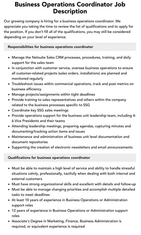 Business Operations Coordinator Job Description Velvet Jobs