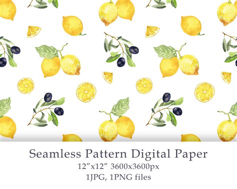 Watercolor Lemon Olives Seamless Pattern Digital Paper Summer Birthday