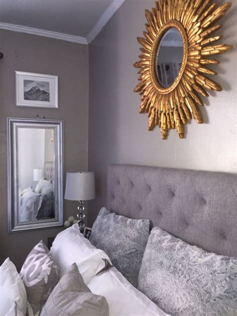 And don't forget all the bedroom furniture—from beds (maybe even tackle a diy headboard ) to cozy bedroom chairs. Grey and gold bedroom decoration decor headboard sunburst ...