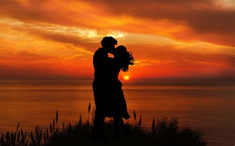 Couple Wallpaper 4k Romantic Kiss Silhouette Sunset Seascape Love