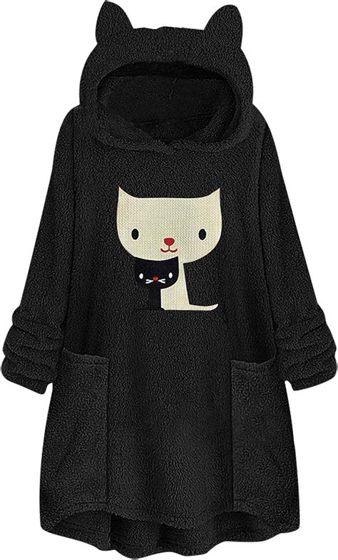 Whycat Fluffy Long Hoodie Dress Women Cat Mom Winter Cat Ear Teddy Bear