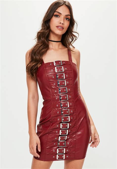Missguided Red Faux Leather Buckle Detail Bodycon Dress Women