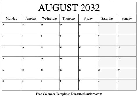August 2032 Calendar Free Blank Printable With Holidays