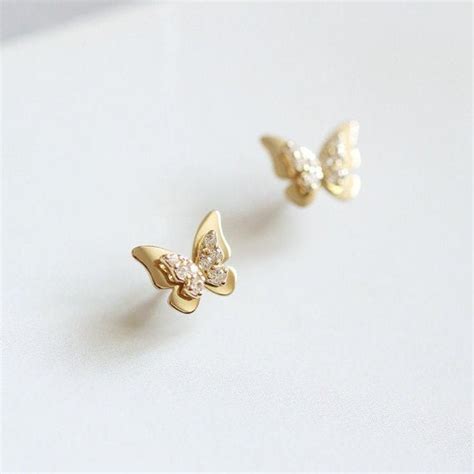 Solid Gold Butterfly Stud Earrings Real Gold Double Butterfly Etsy