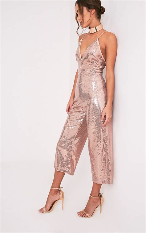 Carlyanne Pink Sequin Plunge Cullotte Jumpsuit Jumpsuits And Playsuits Prettylittlething