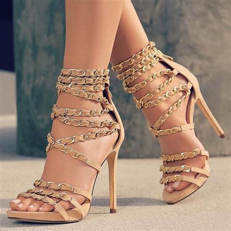 2017 Hot Sale Chain Embellishments Summer Ankle Strap High Heel Sexy Sandals Wedding Party Dress