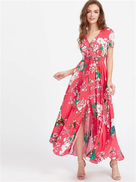 Pink V Neck Smocked Waist Tassel Tie Floral Print Maxi Dress Floral Print Maxi Dress Nice