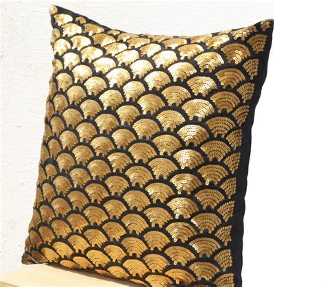 Gold Sequin Pillows Embroidered Waves Black Throw Pillow