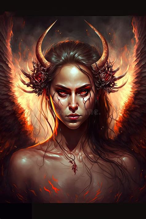 hell`s angel beautiful goddess with big horns and wings generative ai stock illustration