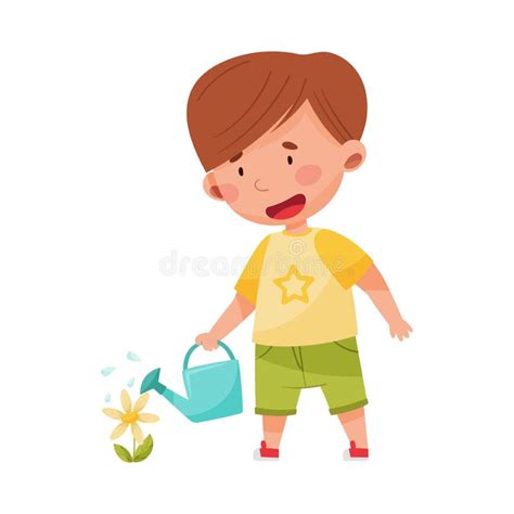 Little Boy Watering Flower For Planting And Vegetation Vector