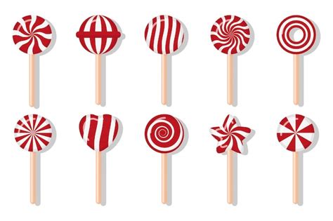 Lollipops Christmas Candies With Different Spiral Pattern Set Red And